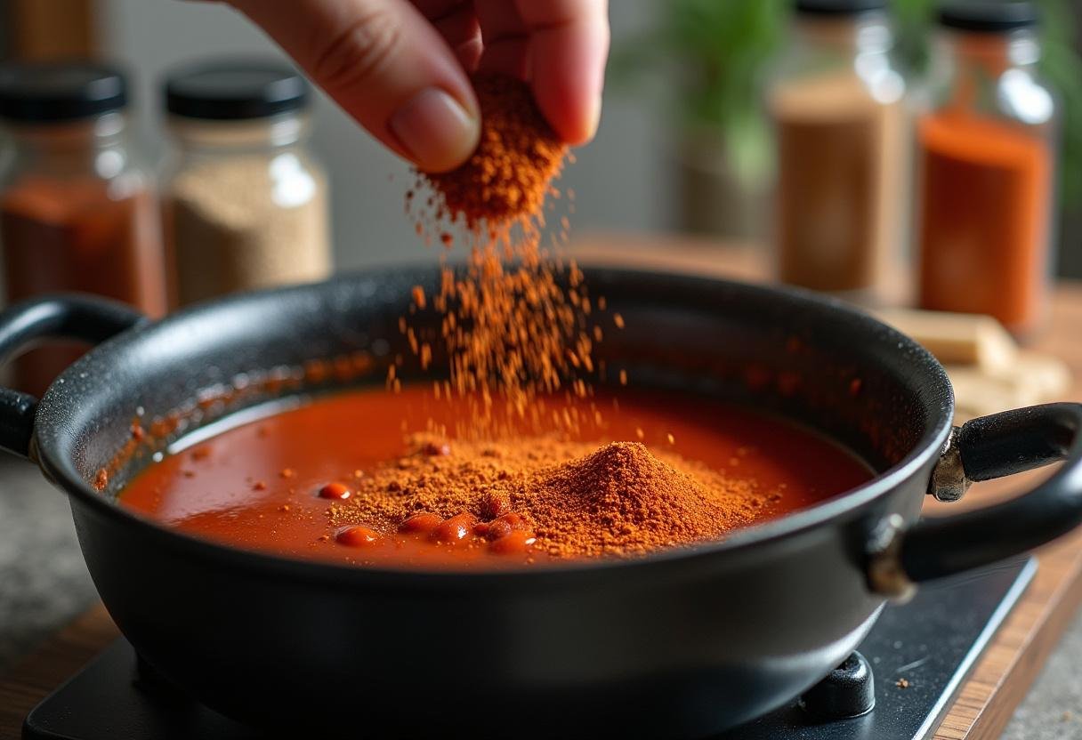 Seasoning the Chili con Carne with chili powder, cumin, and paprika.