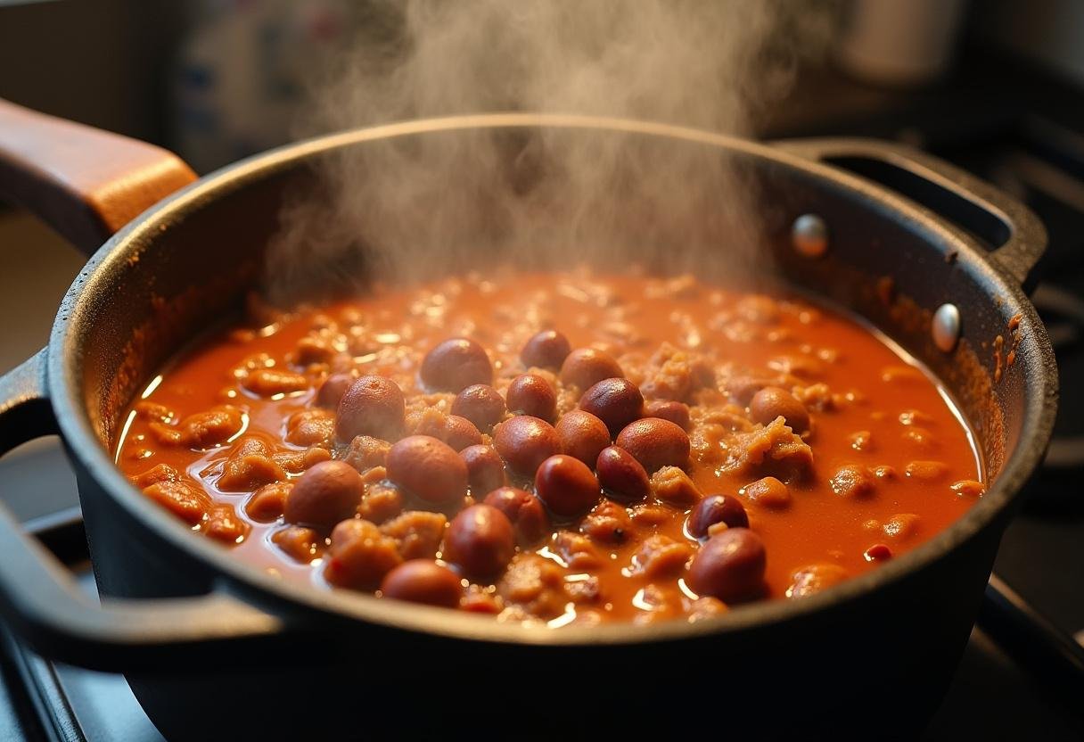 Simmering Chili con Carne with kidney beans for the perfect texture.