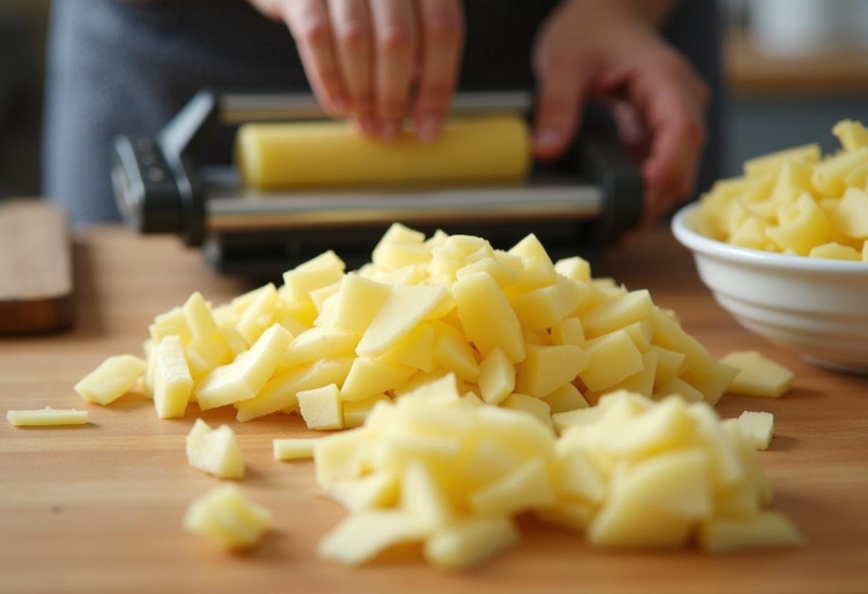 Peeled potatoes being sliced for the best Kartoffelgratin recipe.