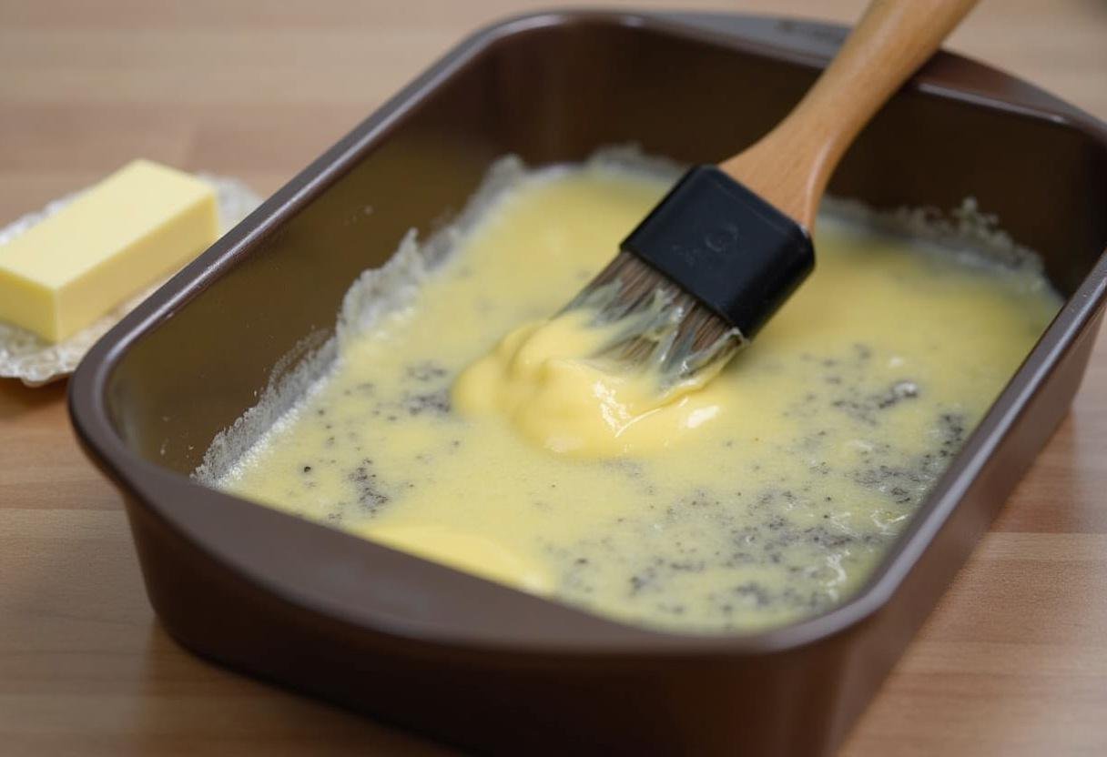 Baking dish being prepared with butter for Kartoffelgratin.