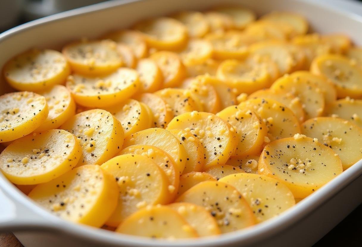 Layered potatoes with seasoning and cheese for Kartoffelgratin.