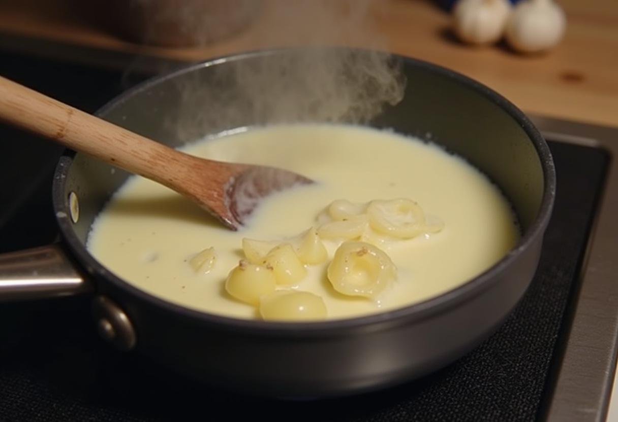 Cream and garlic mixture being heated for Kartoffelgratin sauce.
