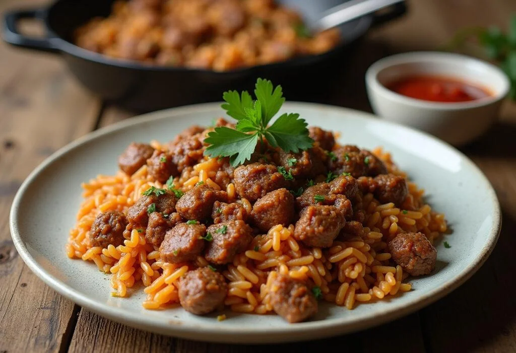Fertige deftige Hackfleisch Reis Pfanne, ideal für ein herzhaftes Mittagessen.