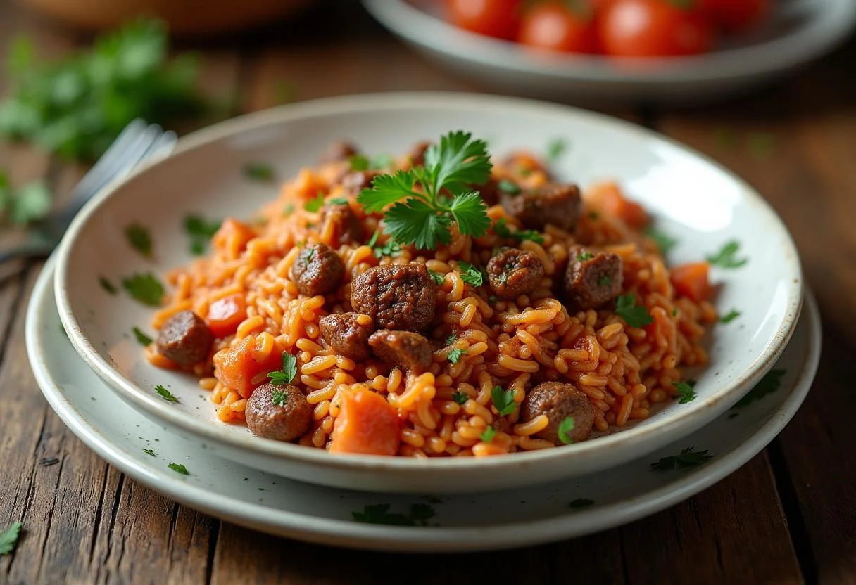 Fertige deftige Hackfleisch Reis Pfanne, ideal für ein herzhaftes Mittagessen.
