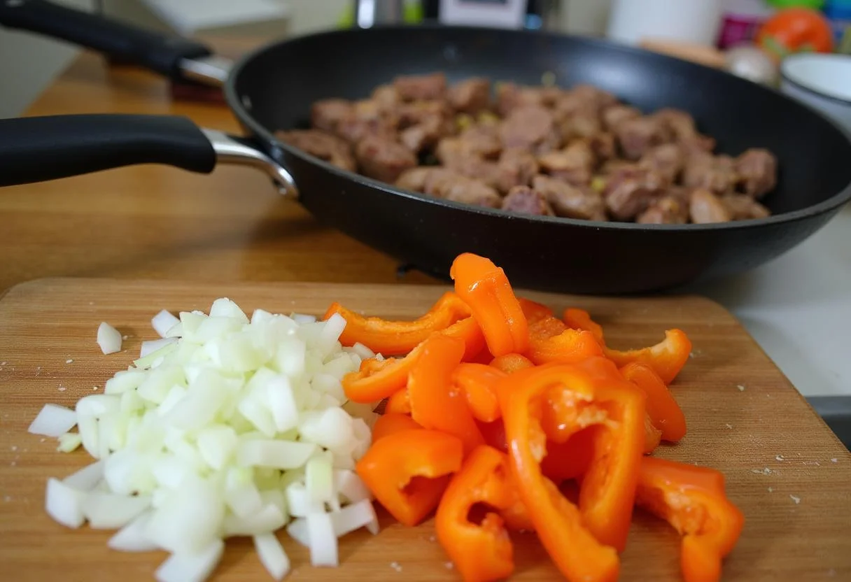 Zwiebeln und Paprika werden in kleine Stücke geschnitten für die deftige Hackfleisch Reis Pfanne.