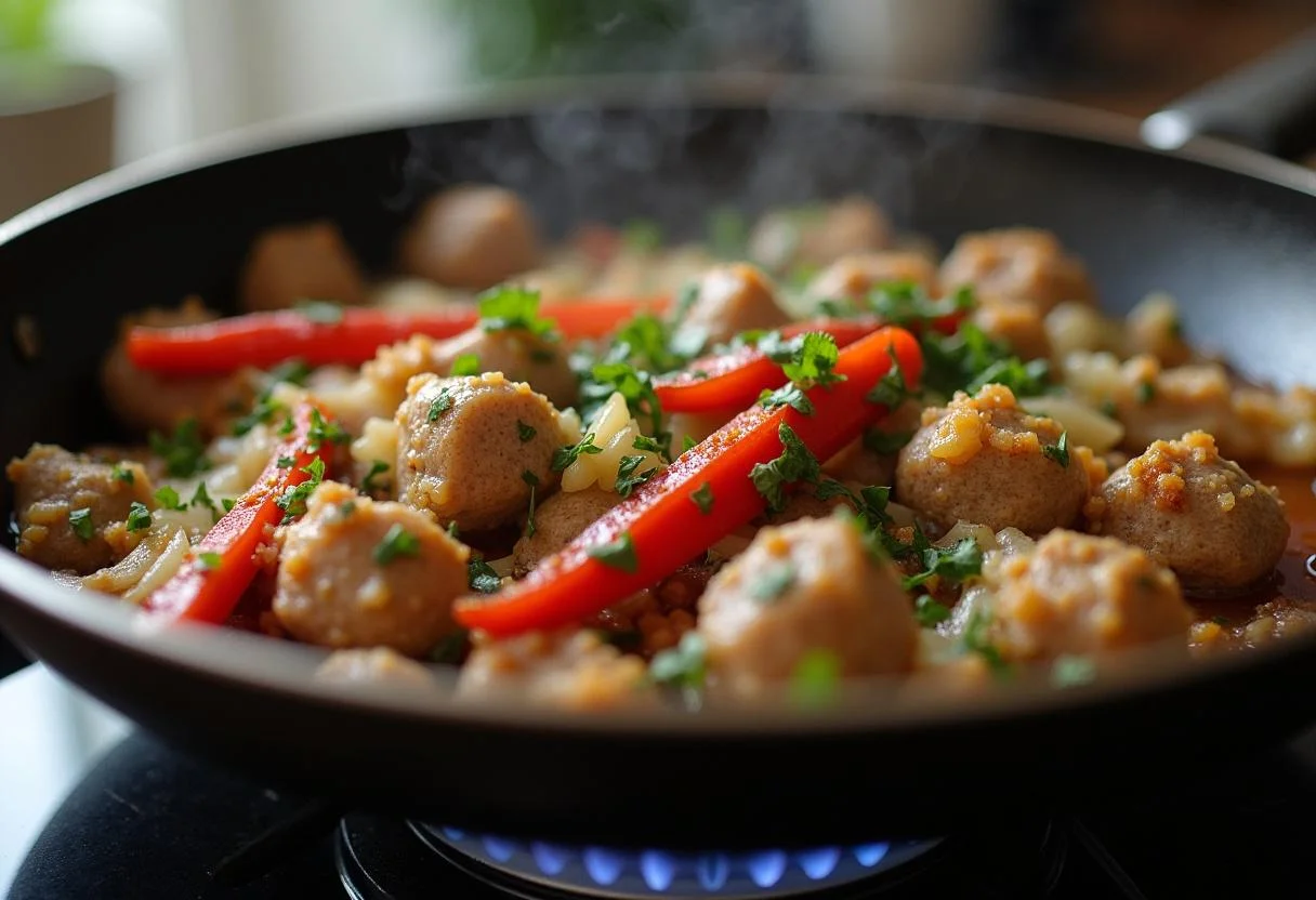 Gekochtes Hackfleisch mit Zwiebeln und Paprika in einer Pfanne für deftige Hackfleisch Reis Pfanne.