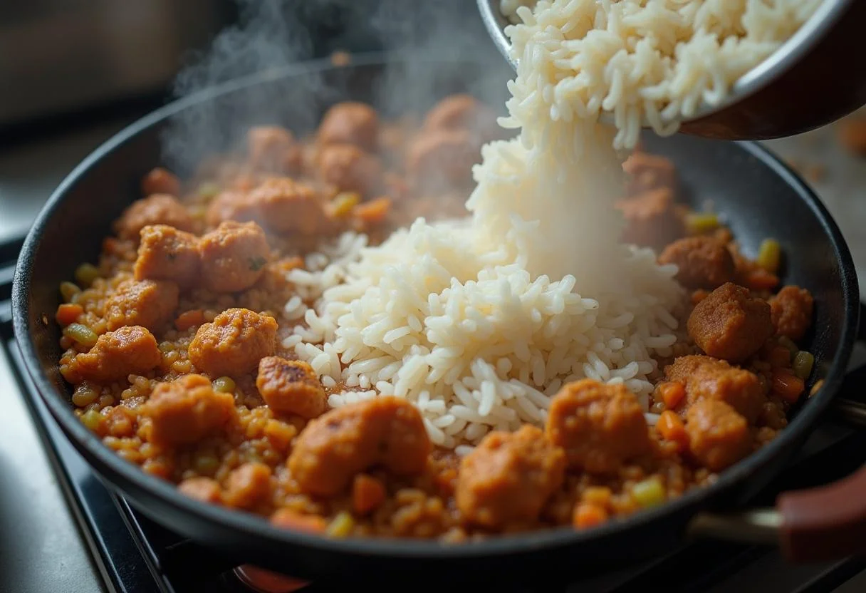 Gekochter Reis wird zu Hackfleisch und Gemüse in der Pfanne hinzugefügt für das Rezept der deftigen Hackfleisch Reis Pfanne.