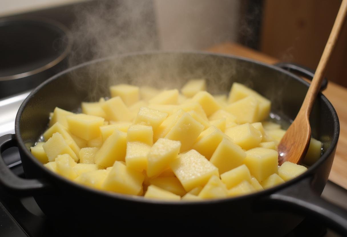Kartoffeln werden in einem Topf gekocht für einen deftigen Kartoffelsalat mit Speck und Zwiebeln.