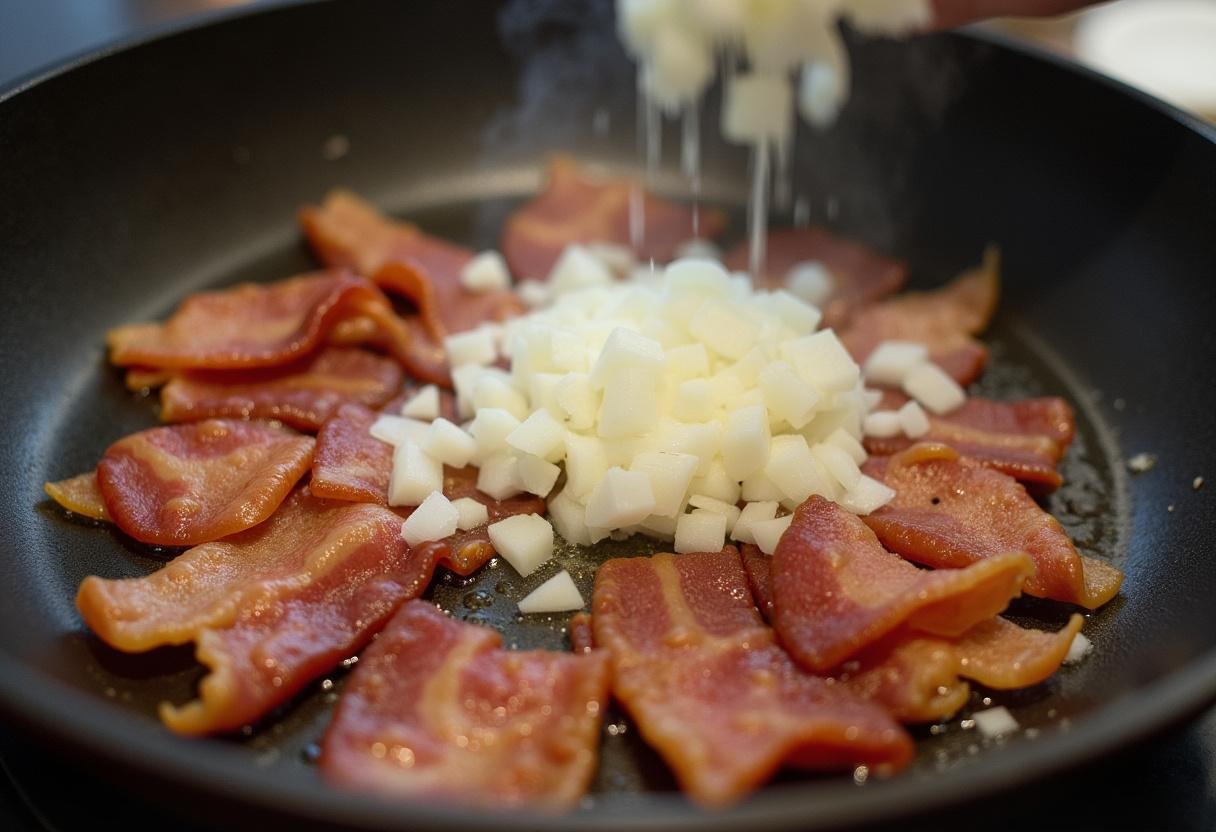 Speck und Zwiebeln werden in einer Pfanne knusprig gebraten für den Kartoffelsalat.