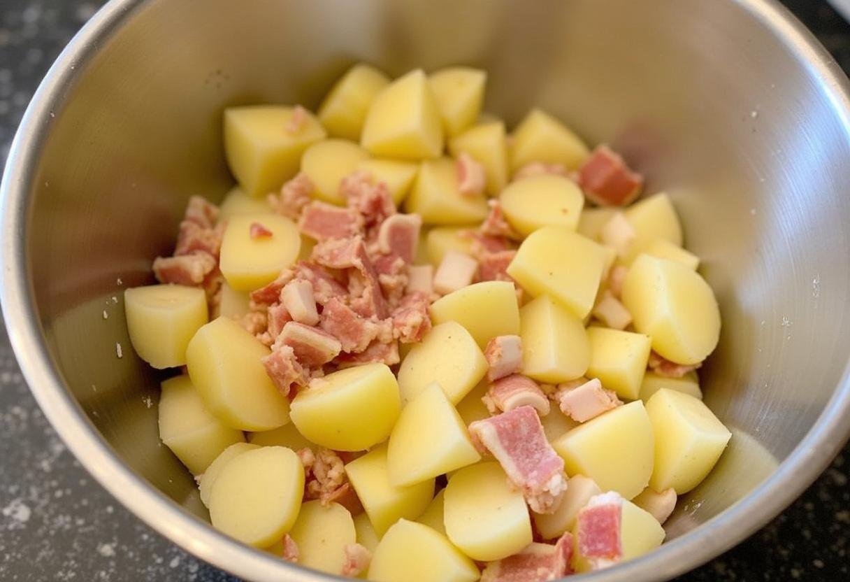 Gekochte Kartoffeln, Speck und Zwiebeln werden in einer Schüssel vermischt für den Salat.