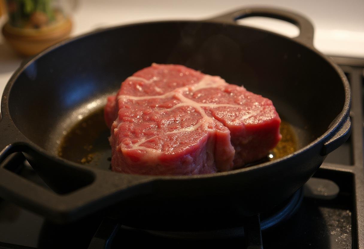 Cast-iron skillet heating for searing the beef roast in Der allerbeste Salzbraten.