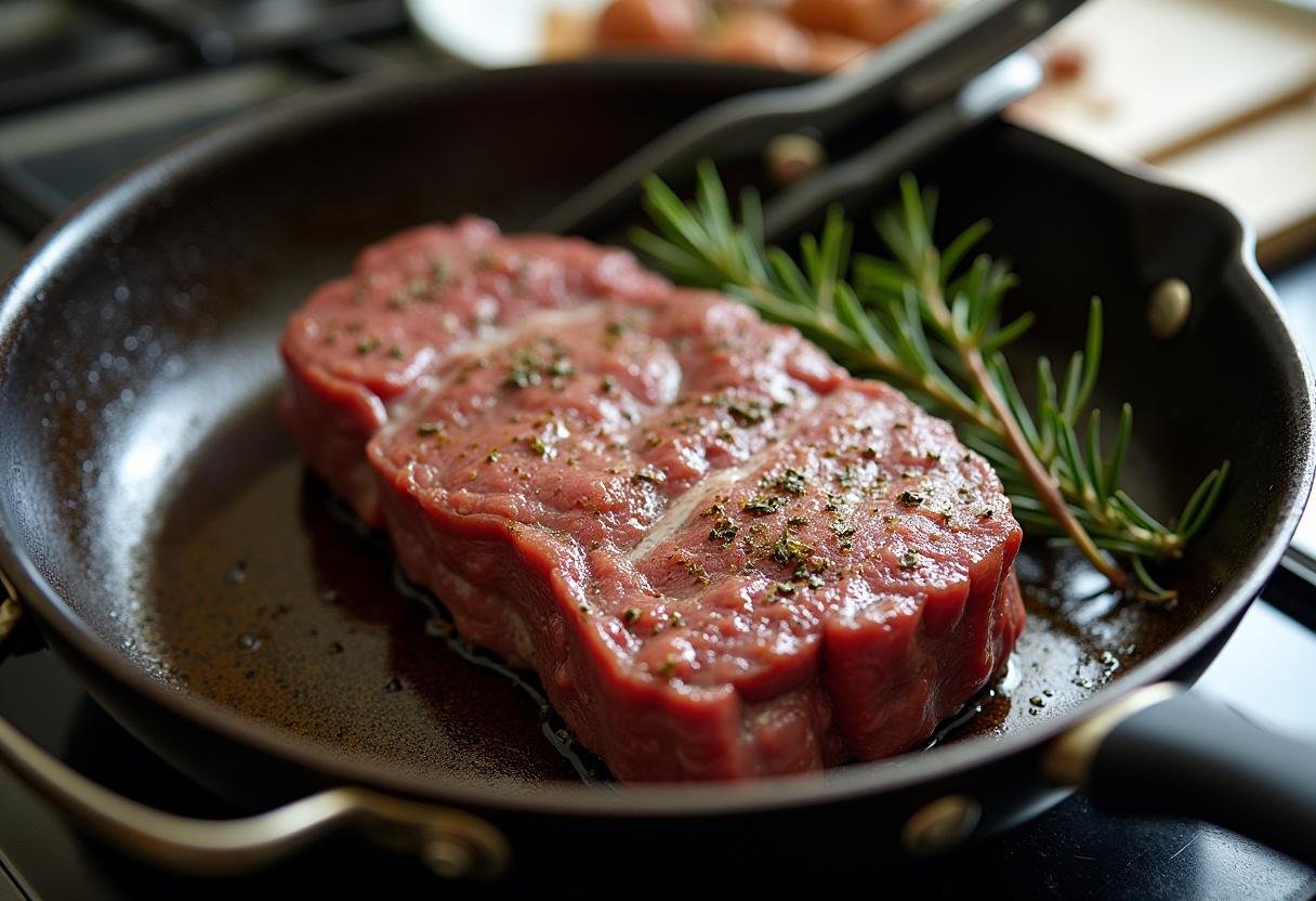 Beef roast searing in a skillet for Der allerbeste Salzbraten.