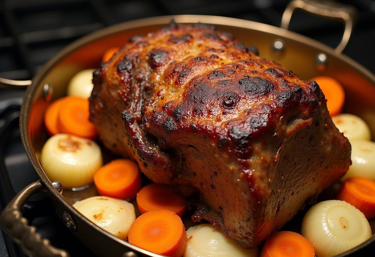 Searbeef roast with vegetables in a roasting pan for Der allerbeste Salzbraten.