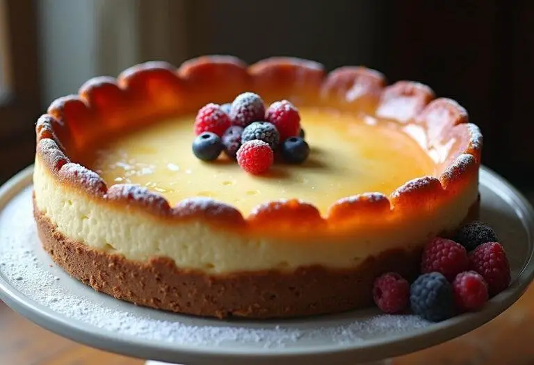 Fertig gebackener Käsekuchen mit goldener Kruste, serviert mit frischen Beeren und Puderzucker.