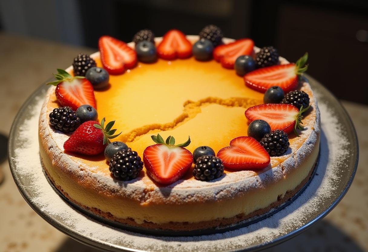 Fertig gebackener Käsekuchen mit goldener Kruste, serviert mit frischen Beeren und Puderzucker.