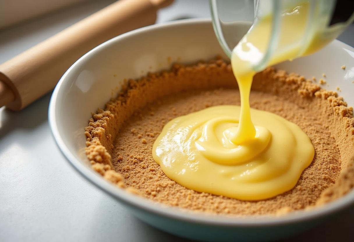 Graham Cracker Krümel und geschmolzene Butter werden für den Käsekuchenboden vermischt.