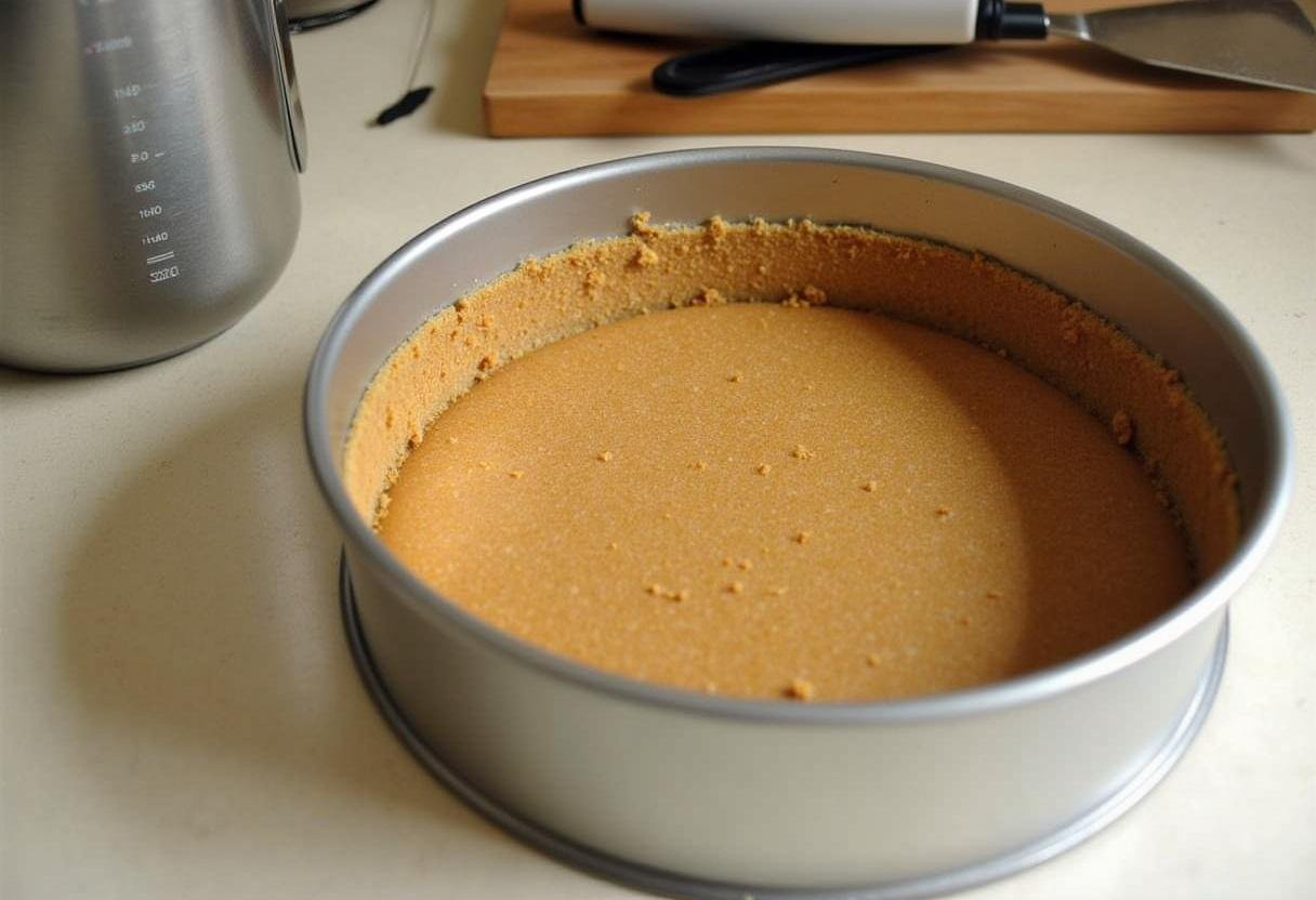Graham Cracker Boden wird gleichmäßig in eine Springform gedrückt für den Käsekuchen.