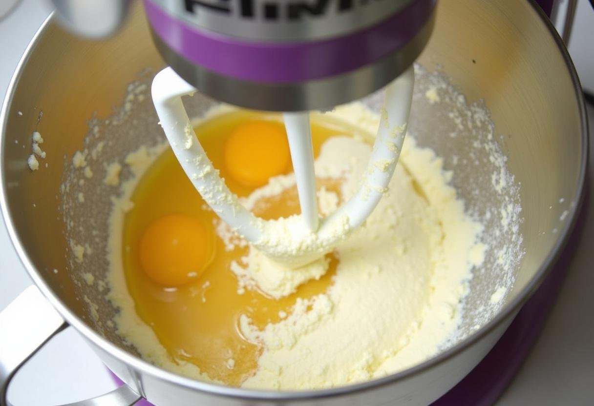 Frischkäse, Zucker und Vanilleextrakt werden cremig gerührt für den Käsekuchen.