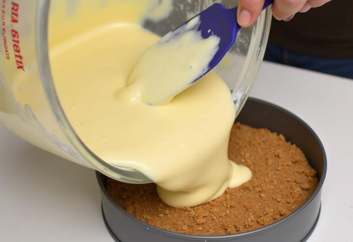 Die cremige Käsekuchenmasse wird auf den Graham Cracker Boden gegossen.