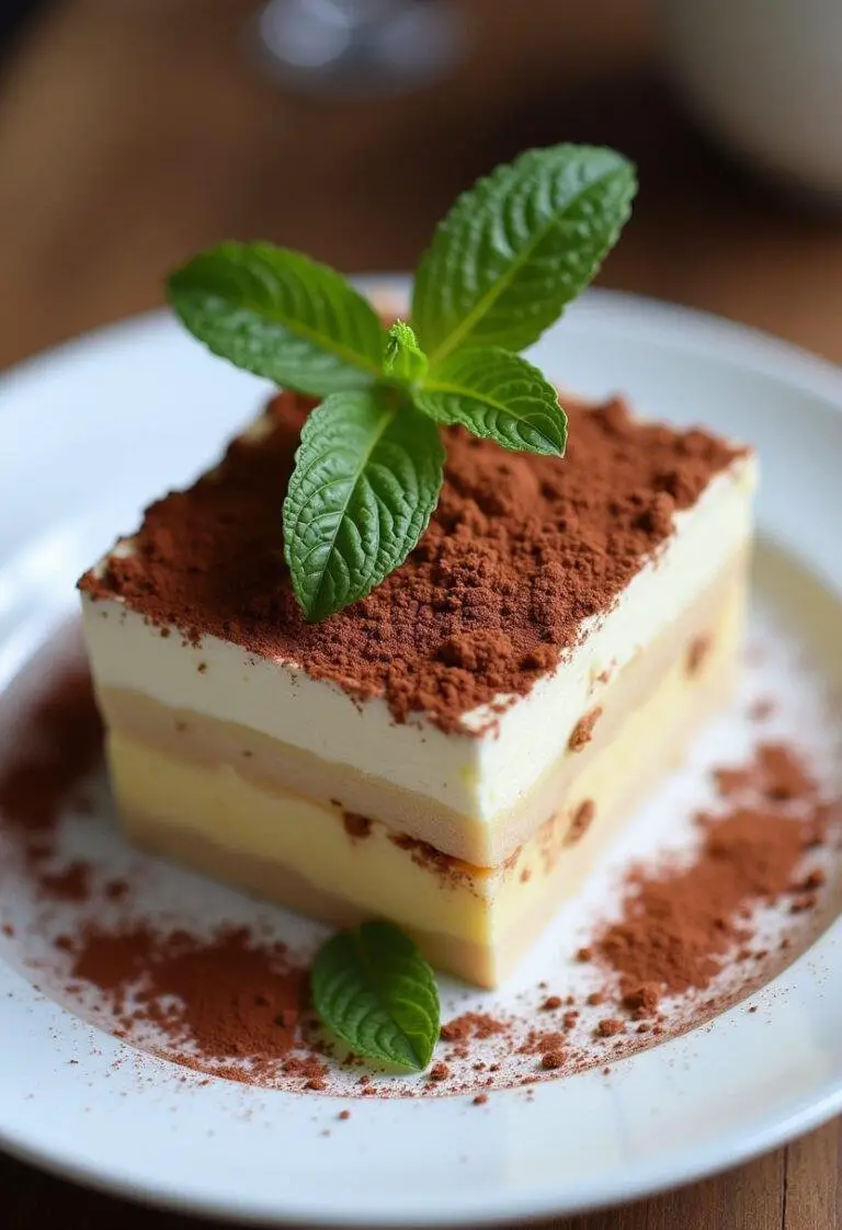 Delicious Tiramisu-inspired dessert with ricotta, topped with cocoa and mint, perfect for dessert lovers.