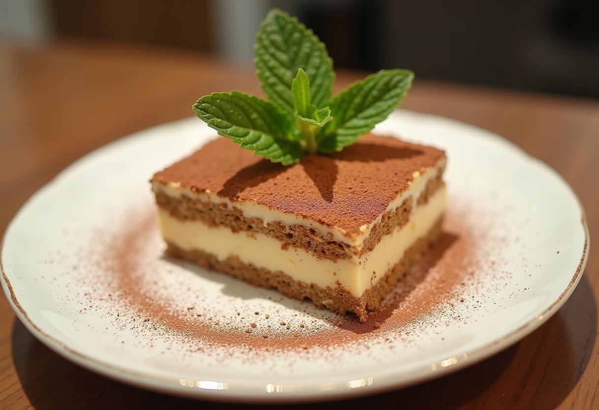 Delicious Tiramisu-inspired dessert with ricotta, topped with cocoa and mint, perfect for dessert lovers.