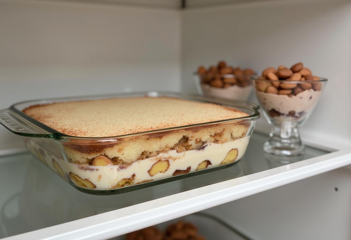Chilled Tiramisu-inspired dessert placed in the refrigerator for setting.