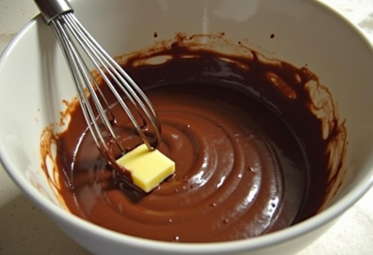Melted chocolate and butter in a mixing bowl for making the best brownies.