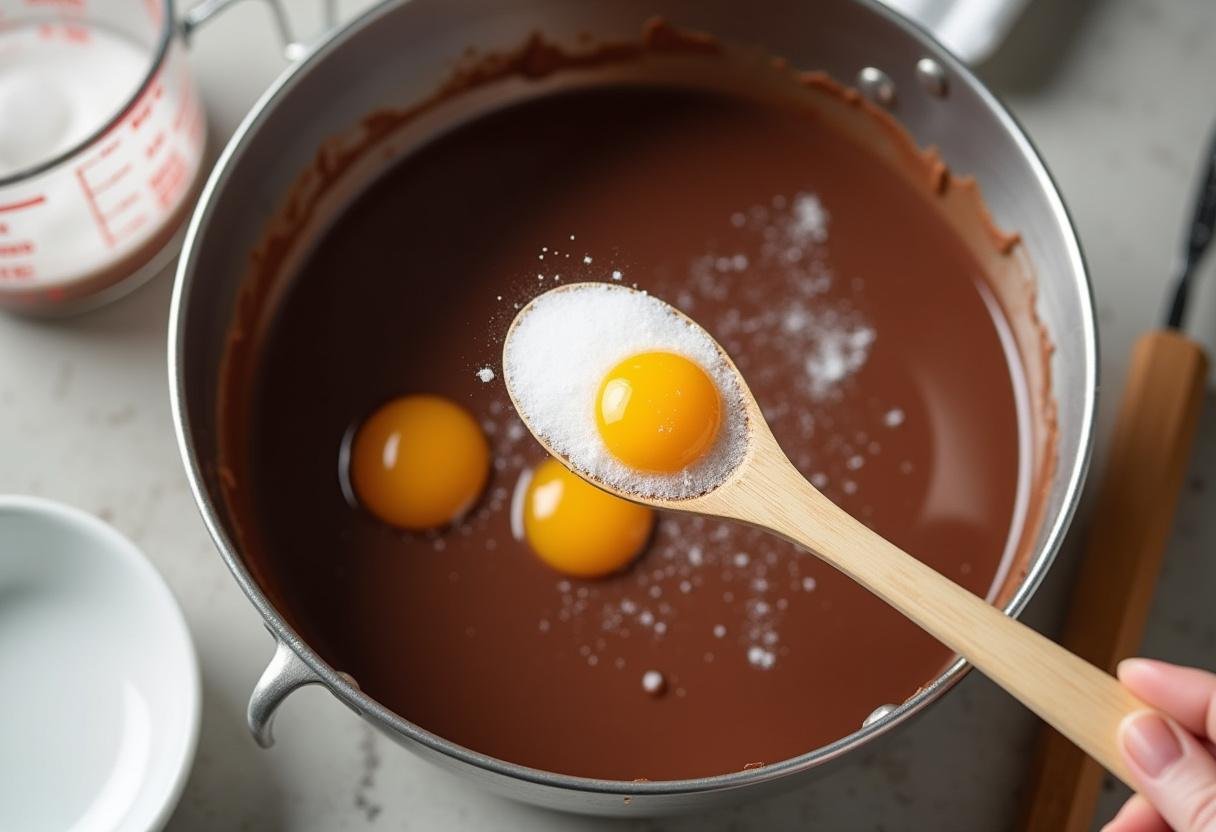 Sugar and eggs being mixed into the chocolate mixture for brownie batter.