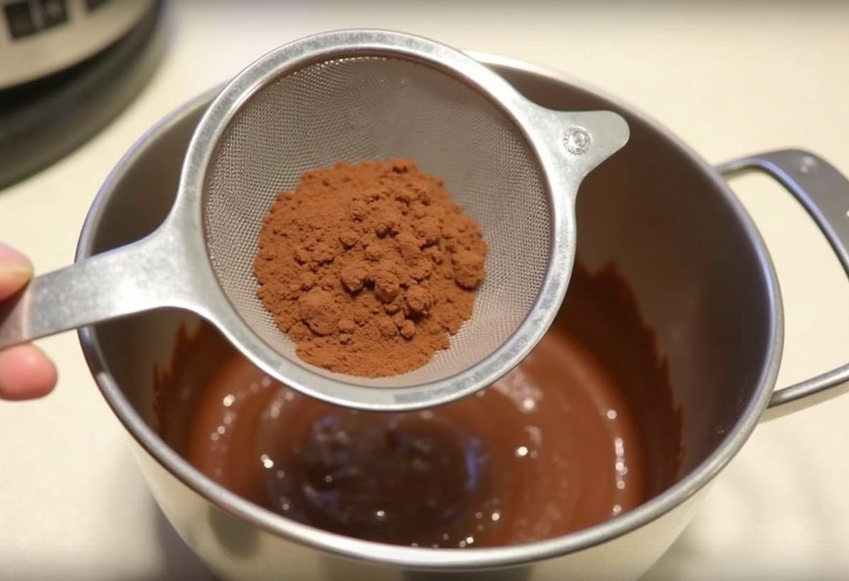 Flour and cocoa powder being sifted into brownie batter for the best texture.