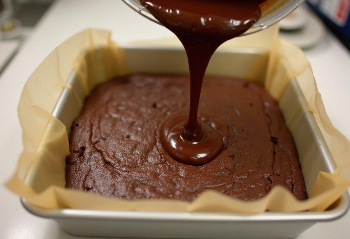 Brownie batter poured into a lined baking pan, ready to bake.