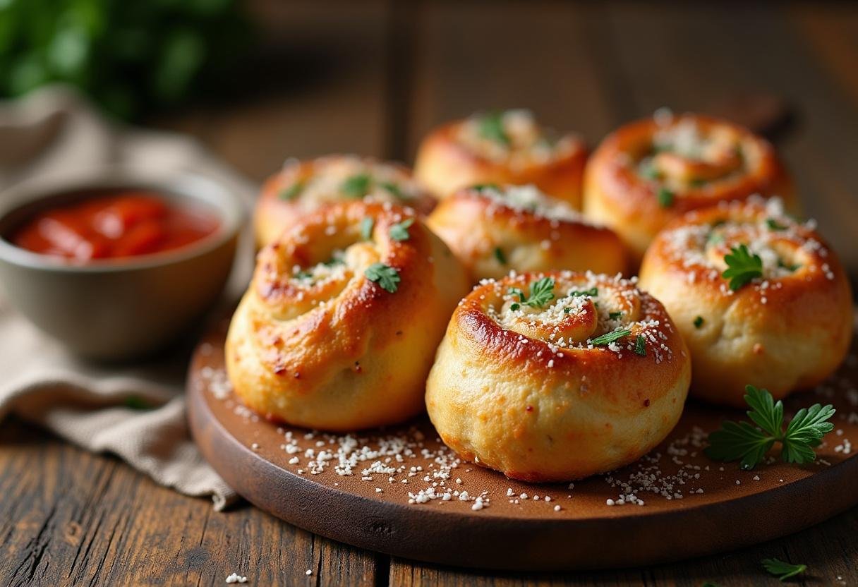 Frisch gebackene Pizzabrötchen mit Petersilie und Parmesan auf einem Holzbrett, serviert mit Marinara-Sauce.