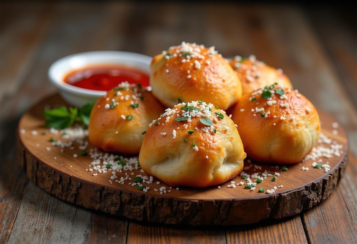 Frisch gebackene Pizzabrötchen mit Petersilie und Parmesan auf einem Holzbrett, serviert mit Marinara-Sauce.
