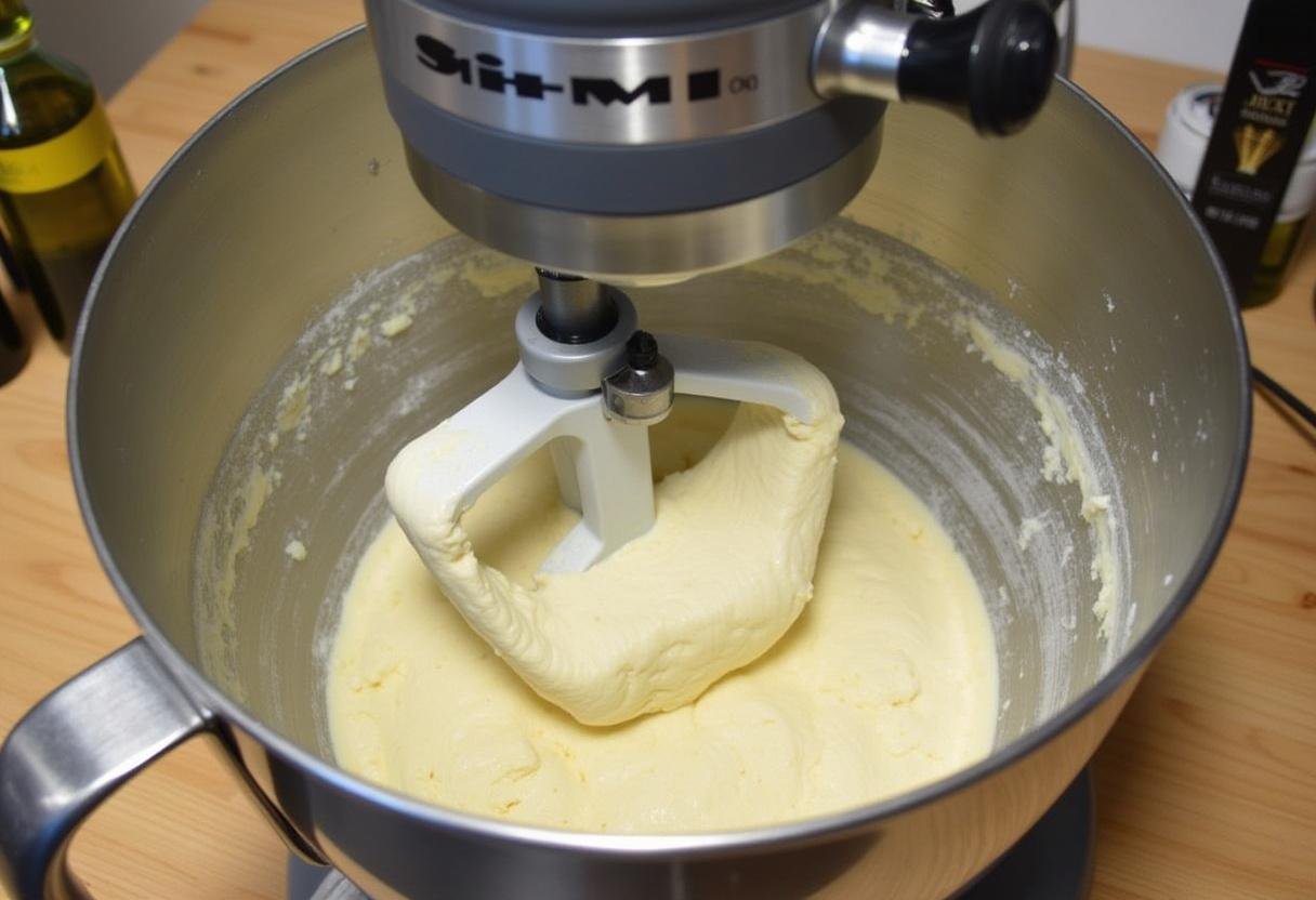 Pizzateig wird in einer Küchenmaschine für die besten Pizzabrötchen aller Zeiten geknetet.