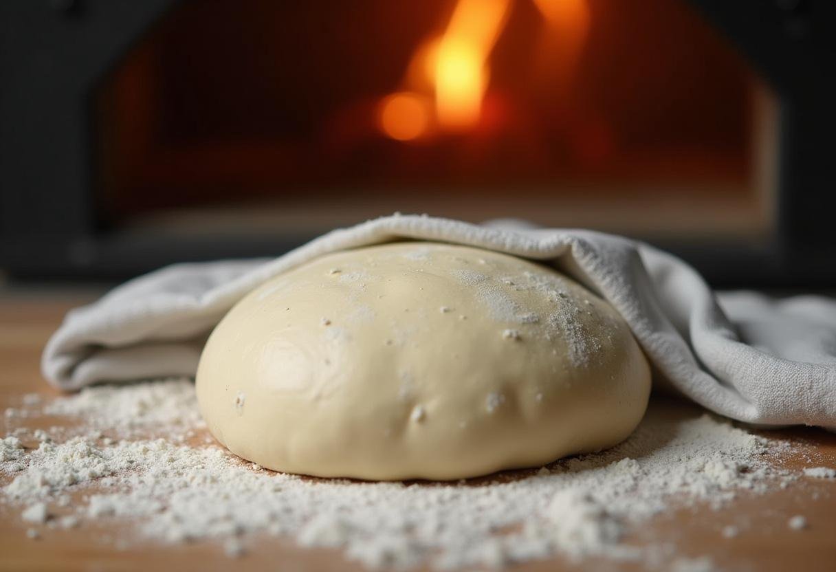 Gehender Pizzateig für die besten Pizzabrötchen aller Zeiten auf einer bemehlten Fläche.
