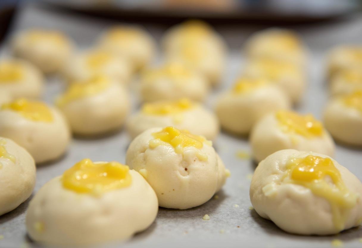 Pizzabrötchen-Teiglinge mit Knoblauchbutter bestrichen auf einem Backblech vor dem Backen.