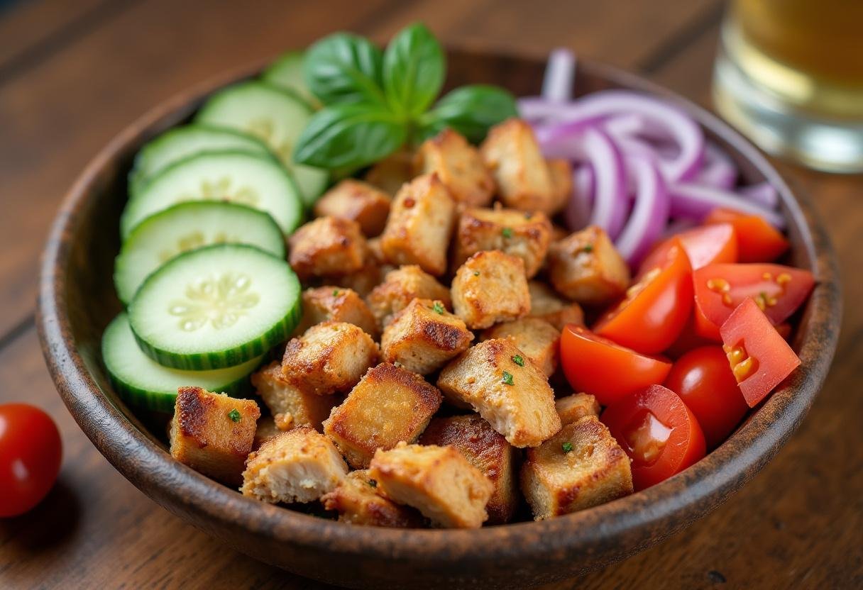 Döner Bowl Zutaten, einschließlich gegrilltes Hähnchen, Gurke, Tomaten und Zwiebeln für Döner-Bowl mit Hähnchen.