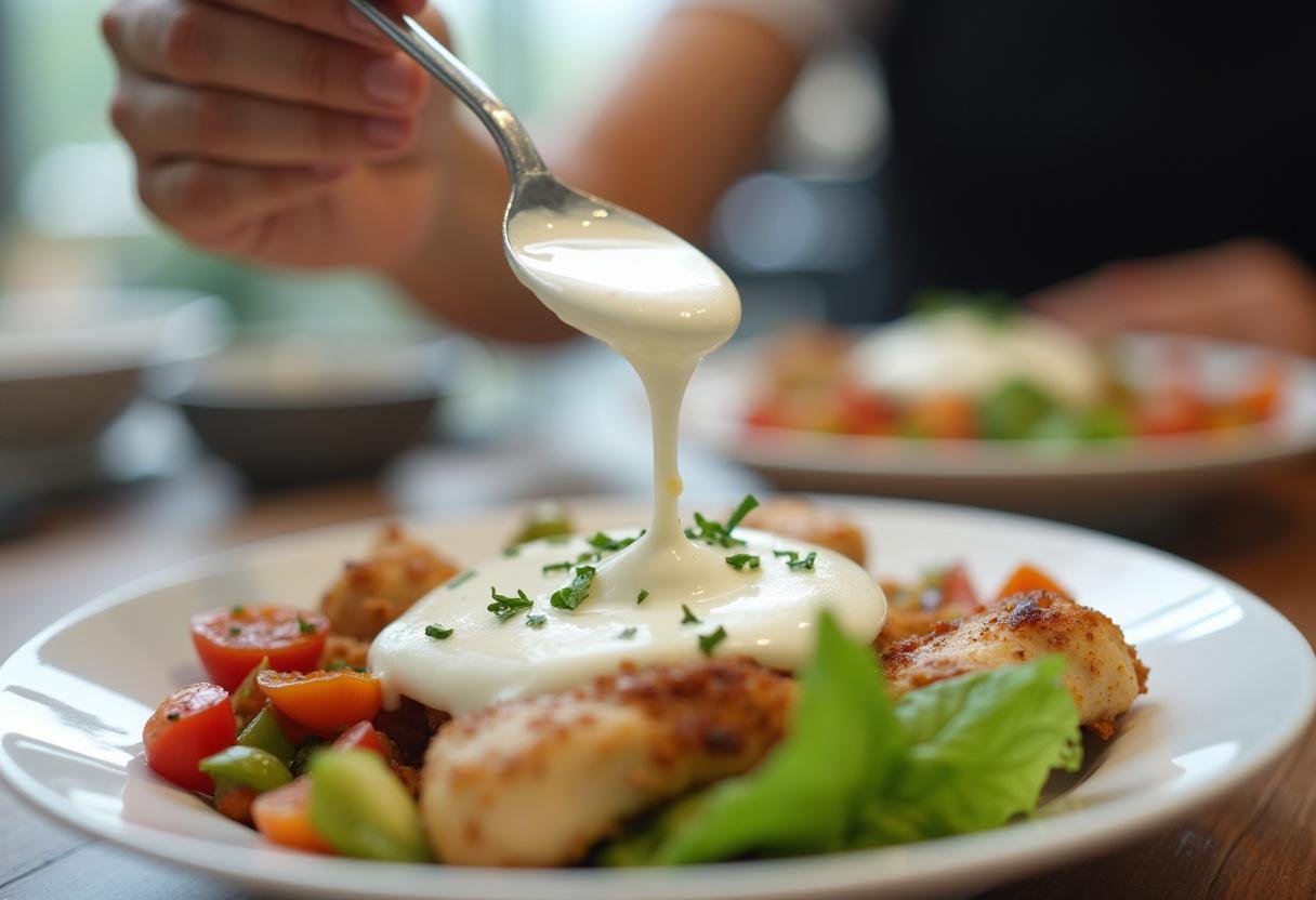 Joghurtsauce wird über die frischen Zutaten der Döner-Bowl mit Hähnchen geträufelt.