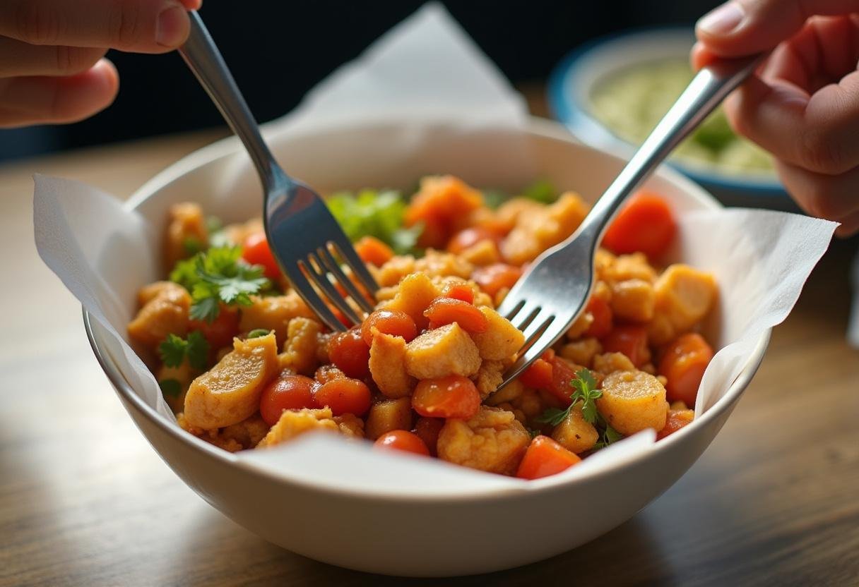 Mischen der Komponenten der Döner-Bowl mit Hähnchen für eine köstliche Mahlzeit.