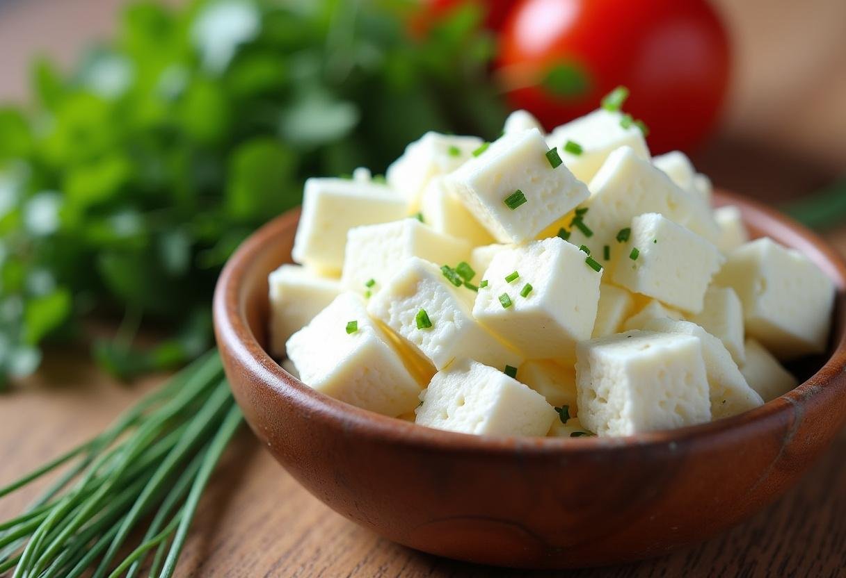 Körniger Frischkäse mit frischen Kräutern für Eiersalat.