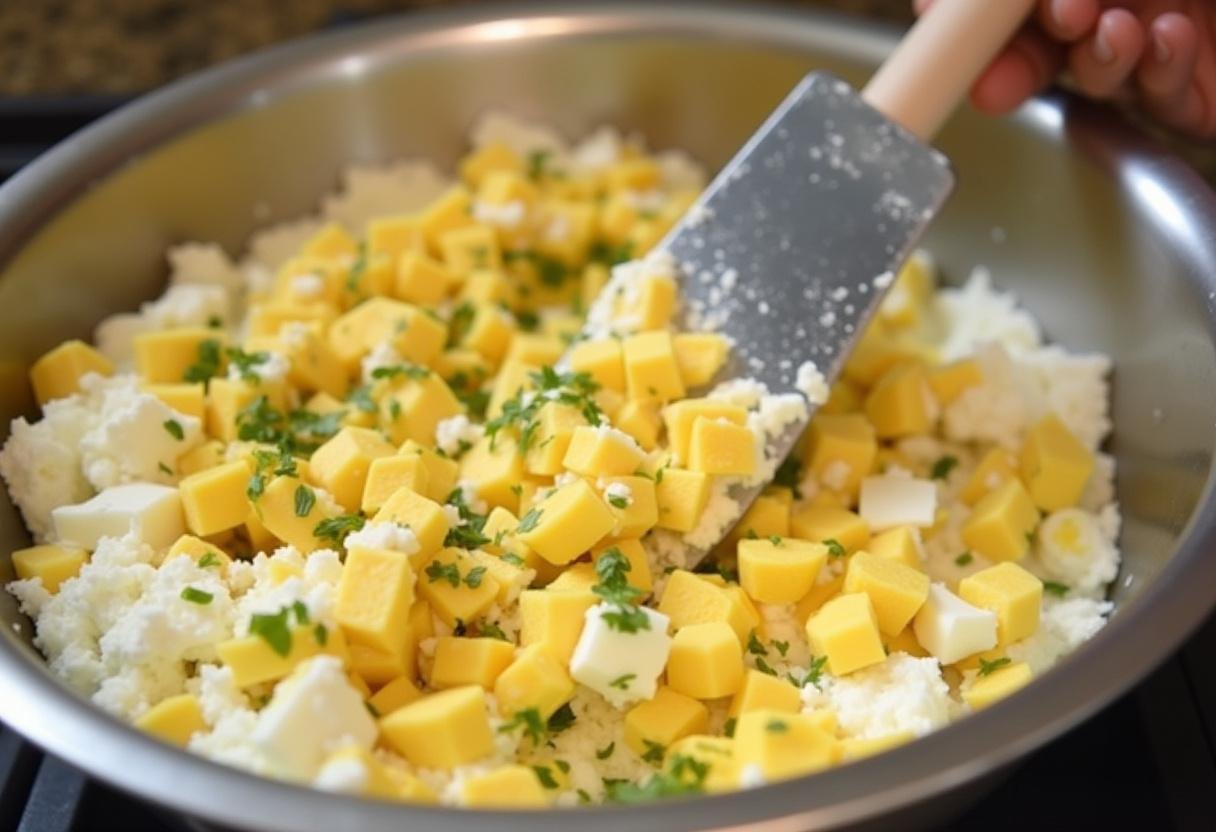 Gehackte Eier werden mit körnigem Frischkäse für Eiersalat vermischt.