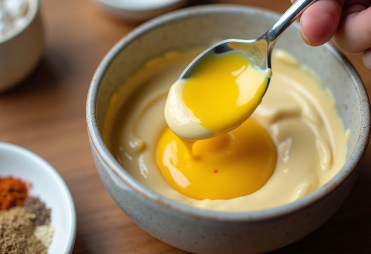 Mayonnaise und Senf werden für Eiersalat in die Schüssel gegeben.