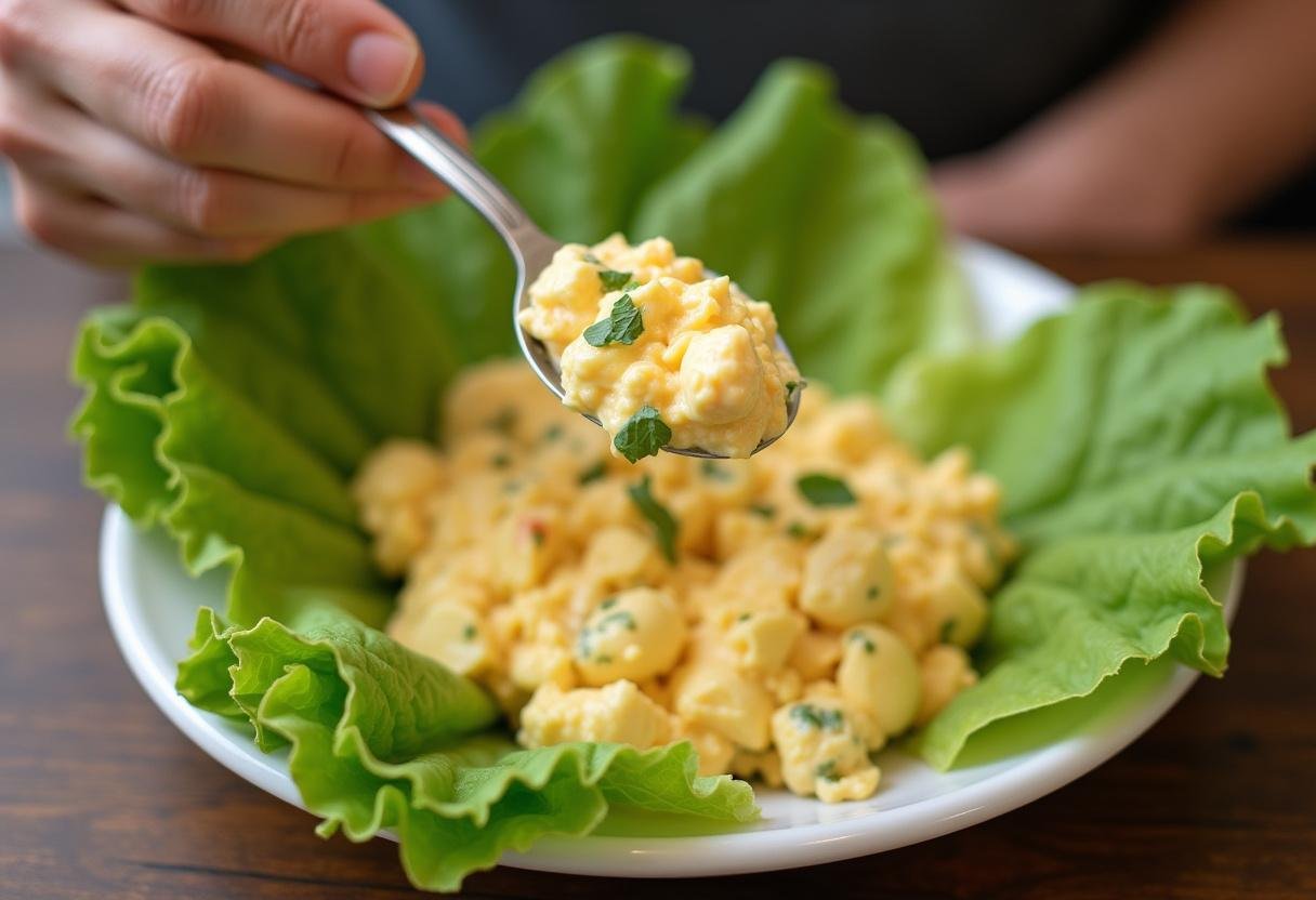 Eiersalat wird in eine Servierschüssel gefüllt, umgeben von frischem Salat.