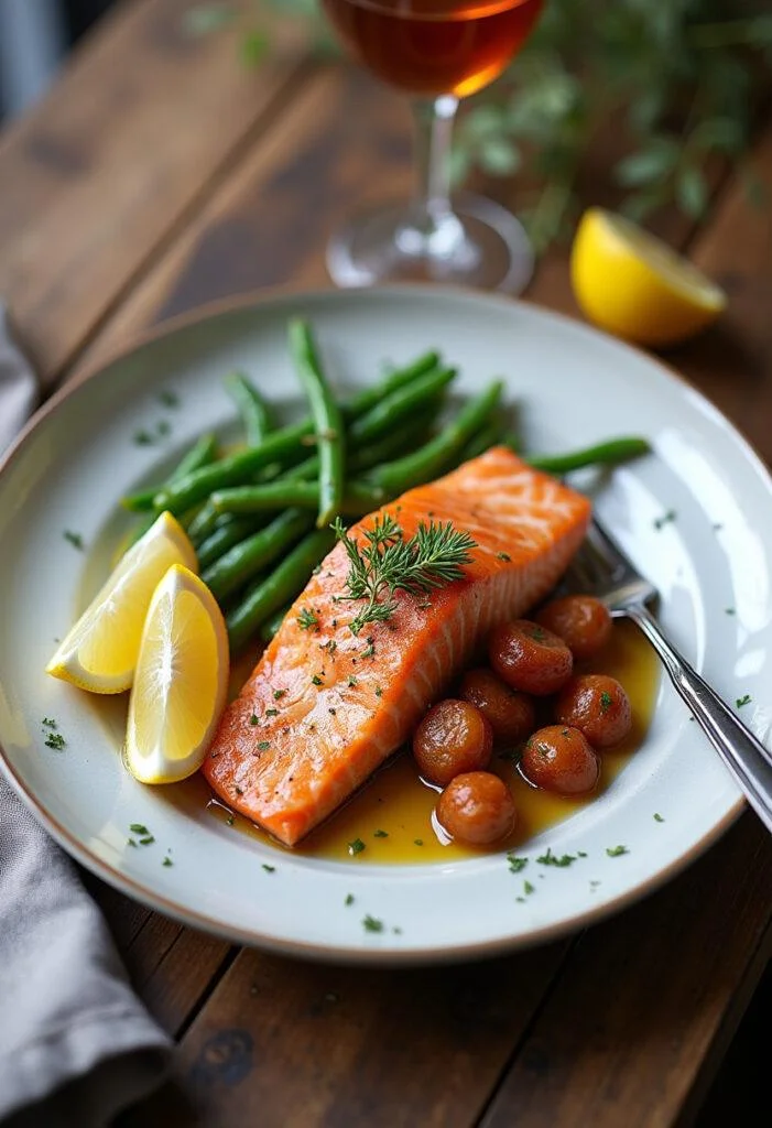 Finished einfacher Blechlachs mit Bohnen, served with vibrant vegetables and lemon for a wholesome meal.