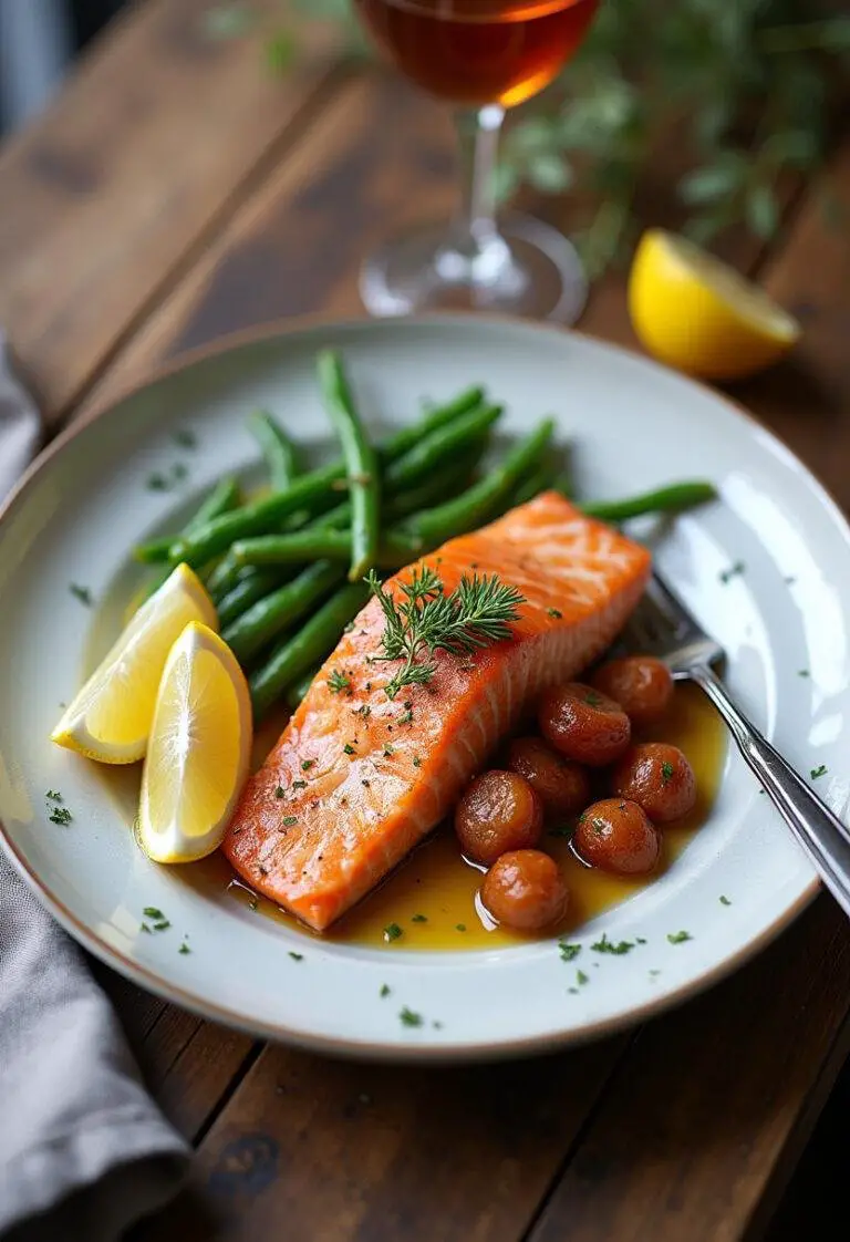 Finished einfacher Blechlachs mit Bohnen, served with vibrant vegetables and lemon for a wholesome meal.
