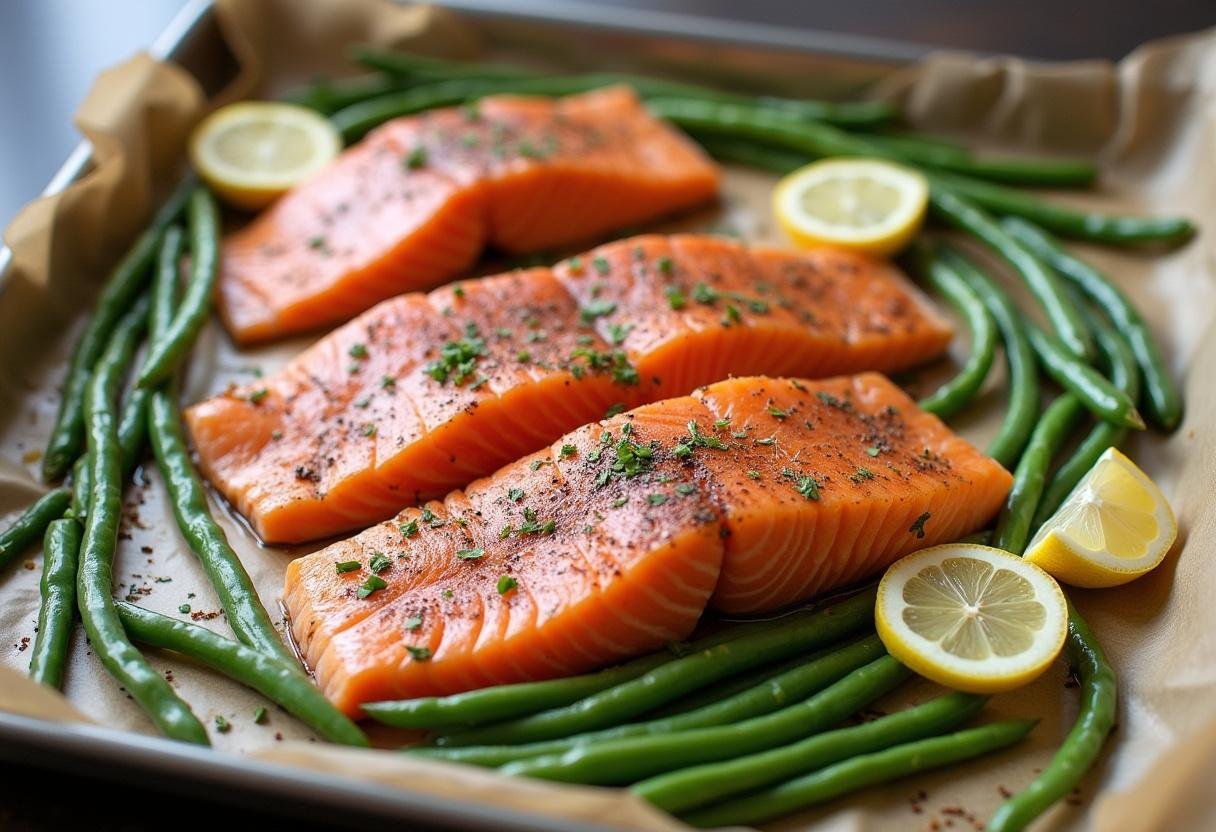 Ausgelegtes Backblech mit gewürztem Lachs und grünen Bohnen zur Vorbereitung des einfachen Blechlachs mit Bohnen.