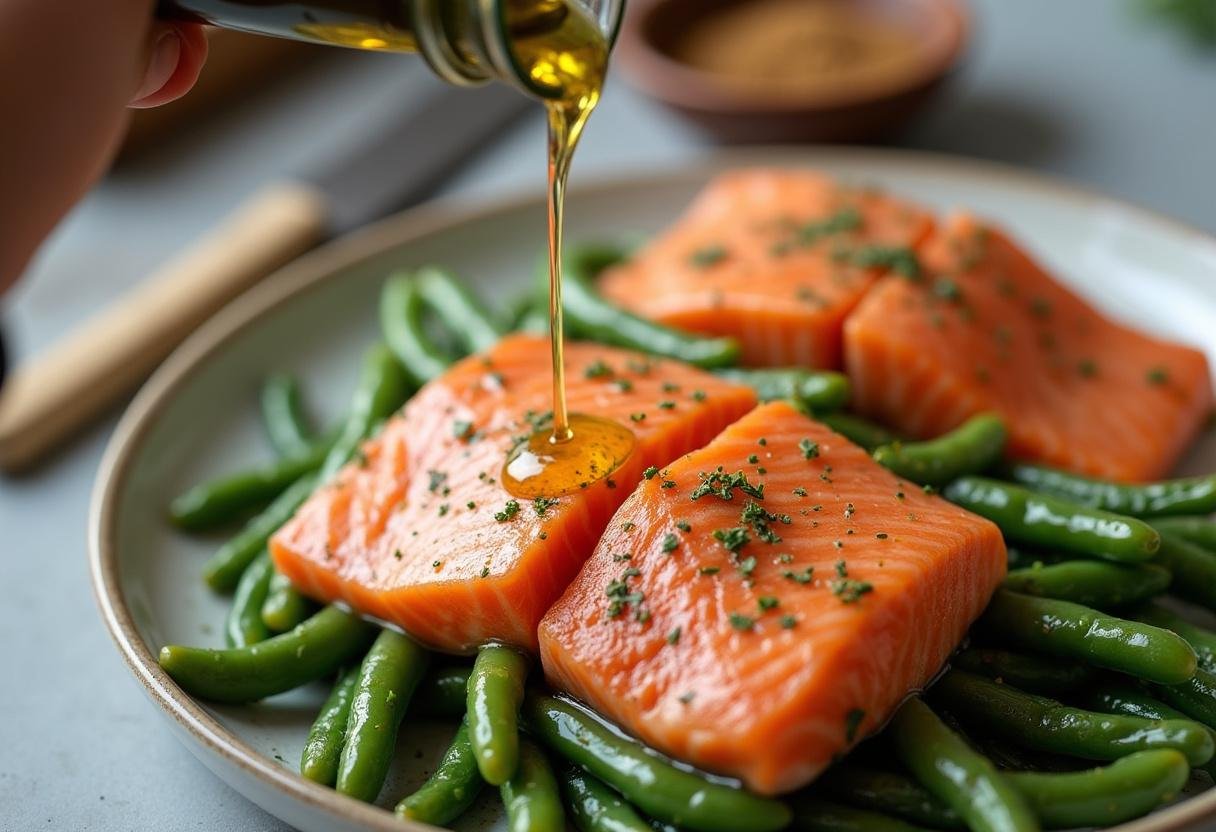 Olivenöl wird über Lachs und grüne Bohnen für einfaches Blechlachs mit Bohnen Rezept geträufelt.