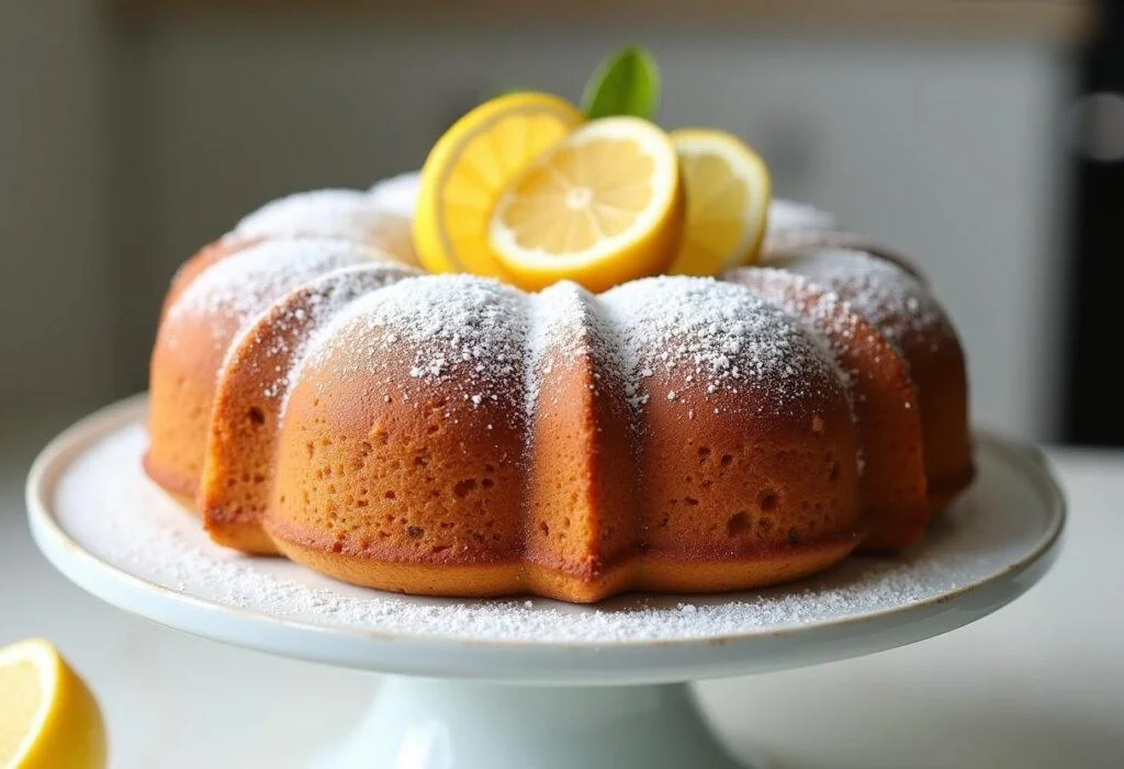 Fertiger zitronen kuchen thermomix serviert auf einem Kuchenständer, ideal für jede Gelegenheit.
