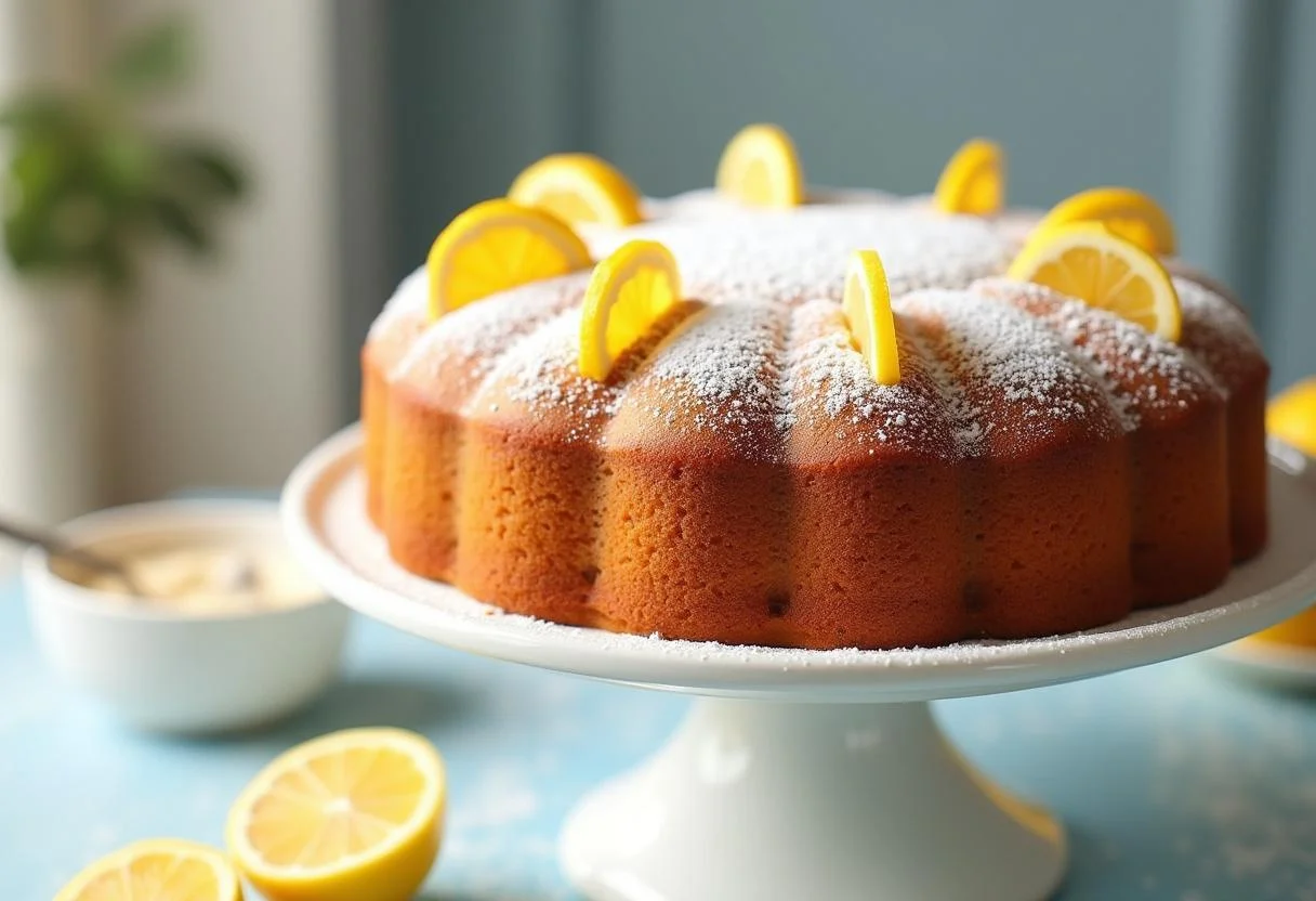 Fertiger zitronen kuchen thermomix serviert auf einem Kuchenständer, ideal für jede Gelegenheit.