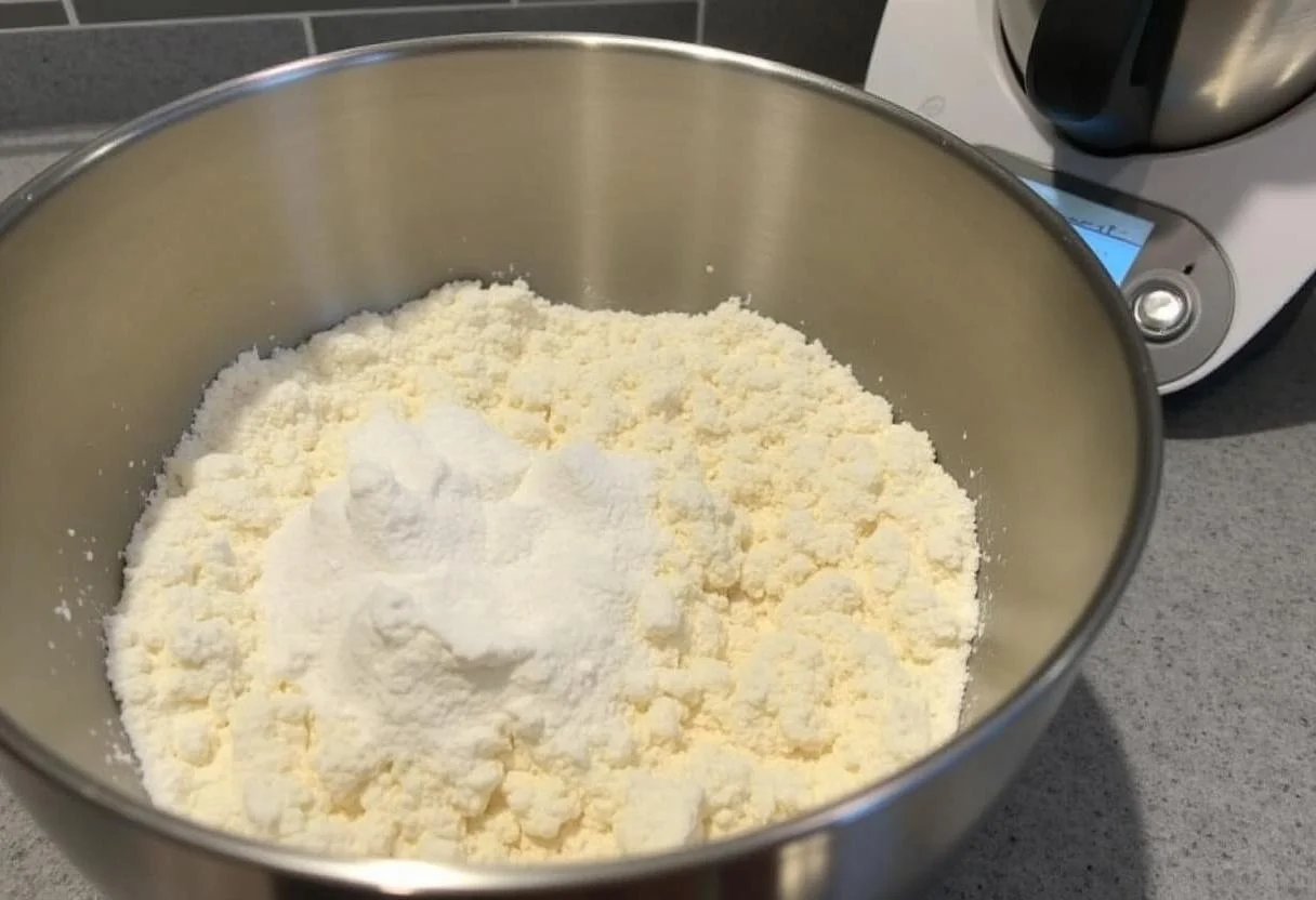 Zutaten für kuchen aus dem thermomix, einschließlich Mehl und Zucker, vorbereitet zum Mischen.