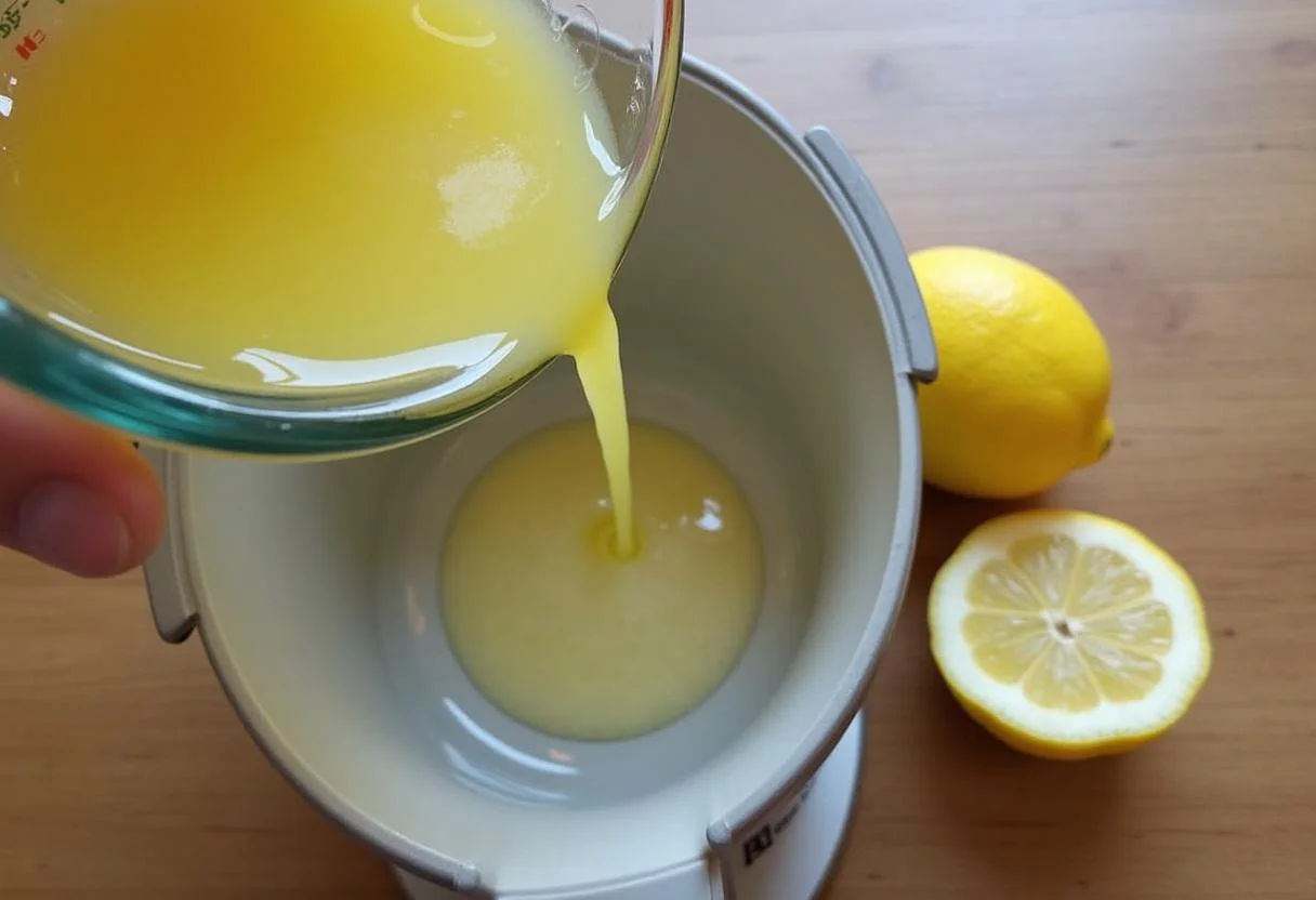 Frisch gepresster Zitronensaft wird in den Thermomix für schnellen kuchen mit thermomix gegossen.